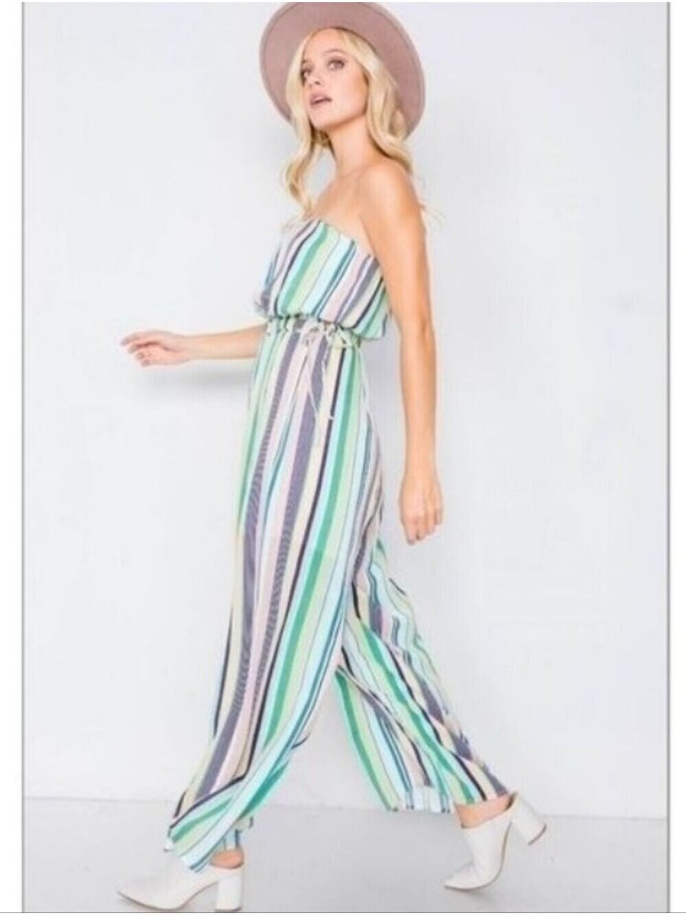 Anthropologie Le Lis Green Blue Striped Strapless Wide Leg Jumpsuit Pantsuit